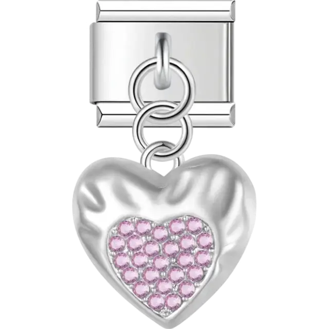 Silver heart pendant with pink crystal accents Italian charm bracelet link