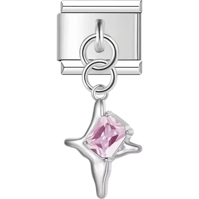 Pink faceted crystal on a star-shaped dangle Italian charm bracelet link