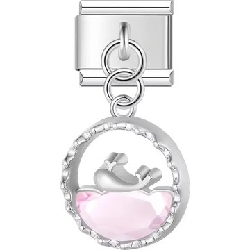 Whale outline with pink crystal accent dangle Italian charm bracelet link