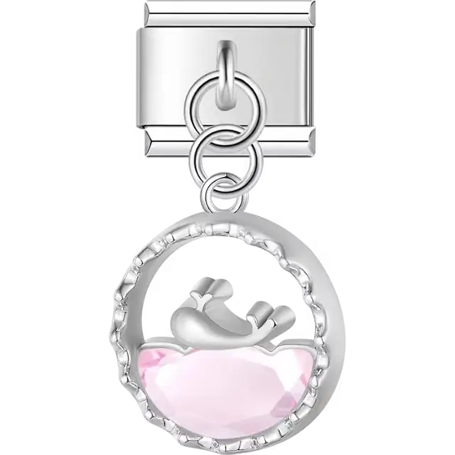 Whale outline with pink crystal accent dangle Italian charm bracelet link