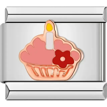 Pink cupcake with a yellow candle and red flower accent Italian charm bracelet link