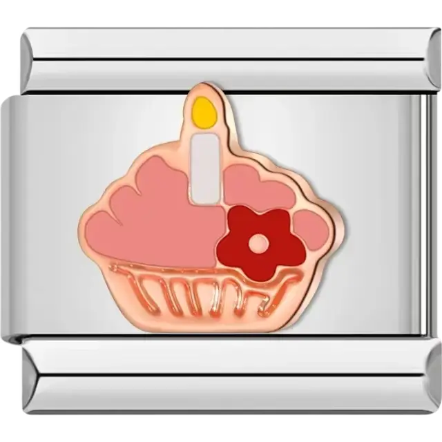 Pink cupcake with a yellow candle and red flower accent Italian charm bracelet link