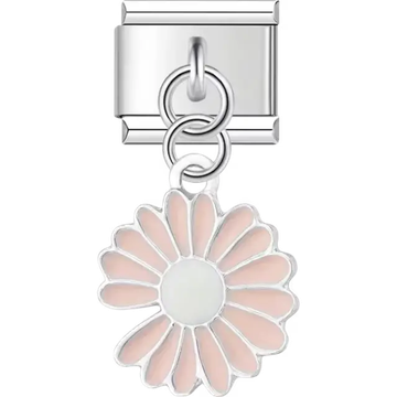 Pink daisy flower with petals and white center dangle Italian charm bracelet link