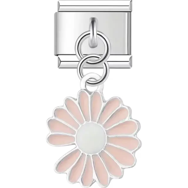Pink daisy flower with petals and white center dangle Italian charm bracelet link