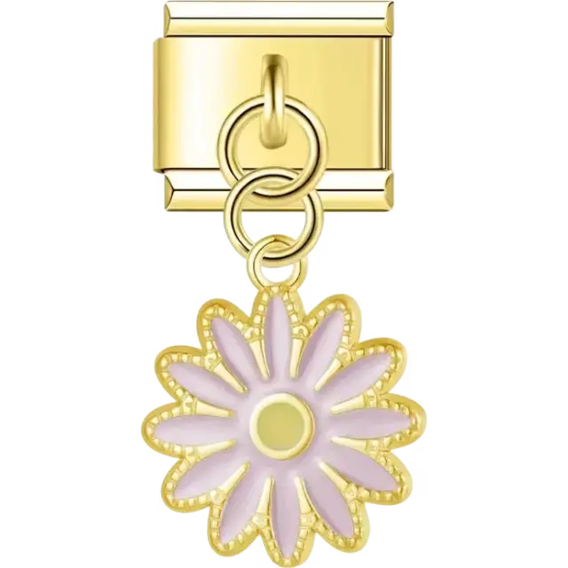 Gold dangling daisy with pink petals and a yellow center Italian charm bracelet link