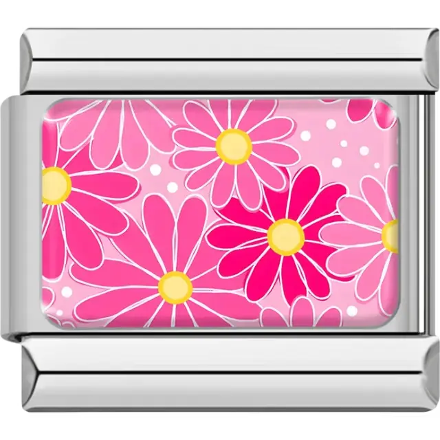 Bright pink daisies with yellow centers on a light pink polka dot background Italian charm bracelet link