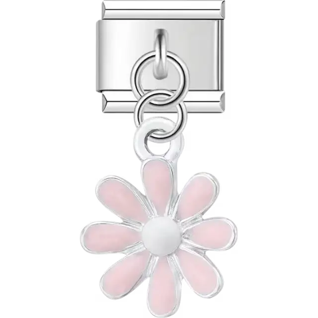 Pink daisy flower with eight petals and a white center dangle Italian charm bracelet link