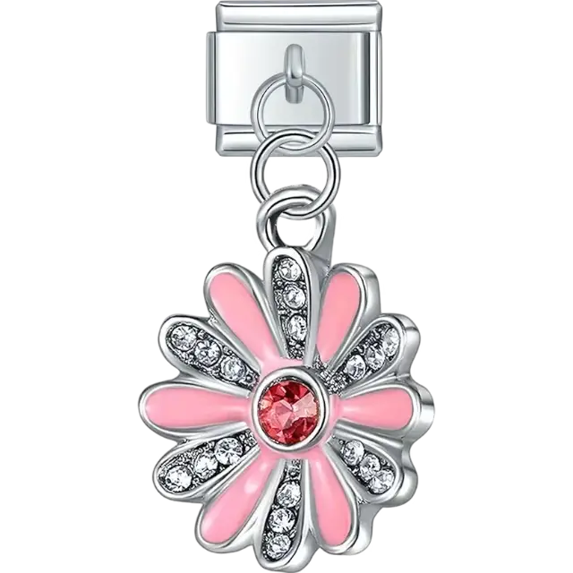 Pink daisy with clear crystal petals and red center stone Italian charm bracelet link