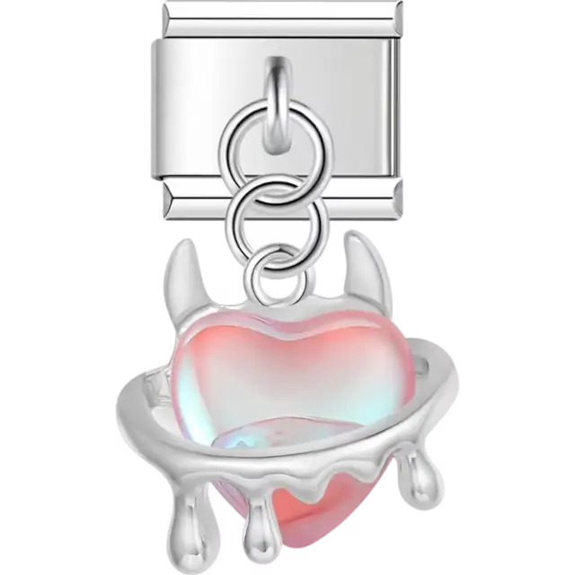 Pink heart with silver devil horns and melting silver drips Italian charm bracelet link