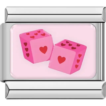 Pink dice with red heart details on a light pink background Italian charm bracelet link
