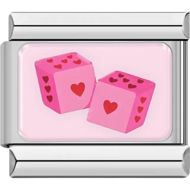 Pink dice with red heart details on a light pink background Italian charm bracelet link