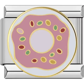 Pink frosted donut design with colorful sprinkles and gold details Italian charm bracelet link