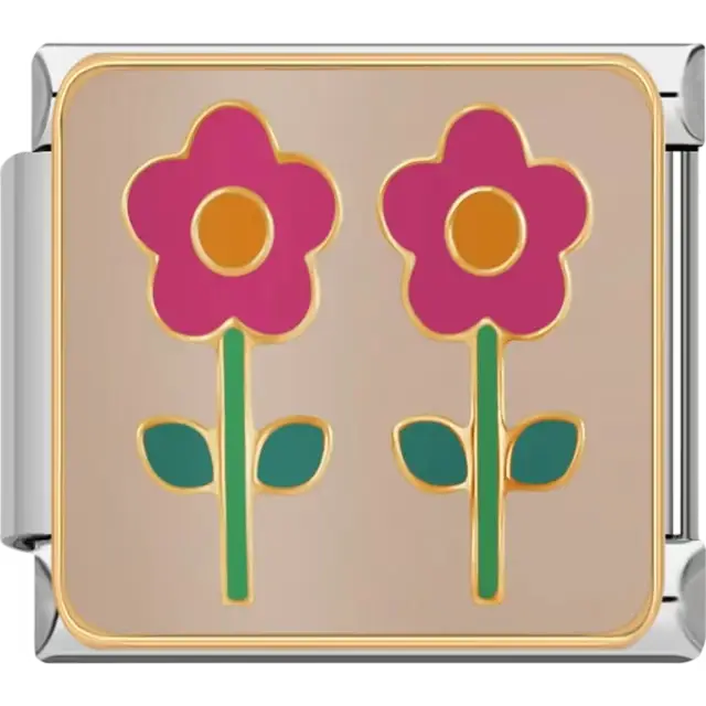 Two pink flowers with orange centers and green stems, outlined in gold, on a beige background Italian charm bracelet link