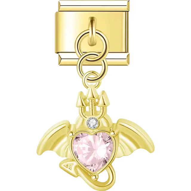 Dragon with wings pink crystal heart accent dangle Italian charm bracelet link