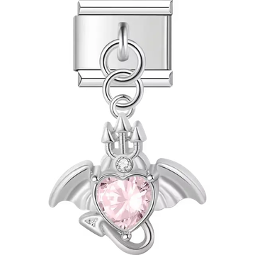 Dragon with wings pink crystal heart accent dangle Italian charm bracelet link