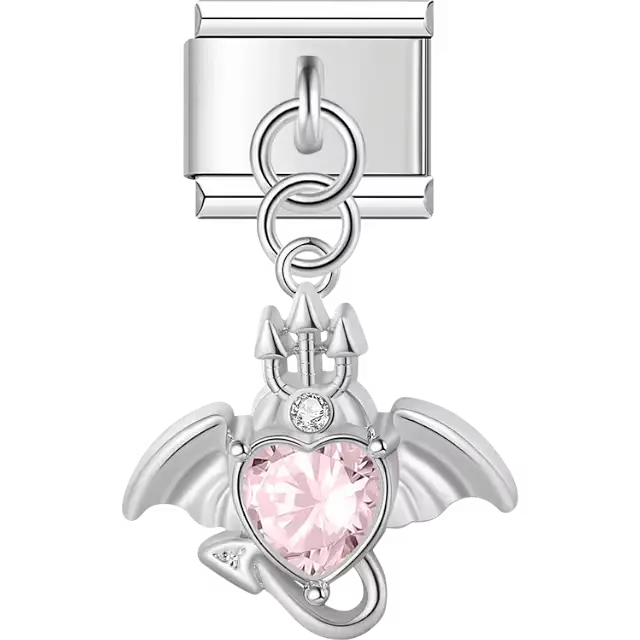 Dragon with wings pink crystal heart accent dangle Italian charm bracelet link