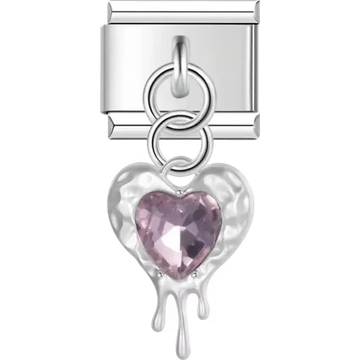 Dangle dripping heart with a pink heart-shaped center Italian charm bracelet link