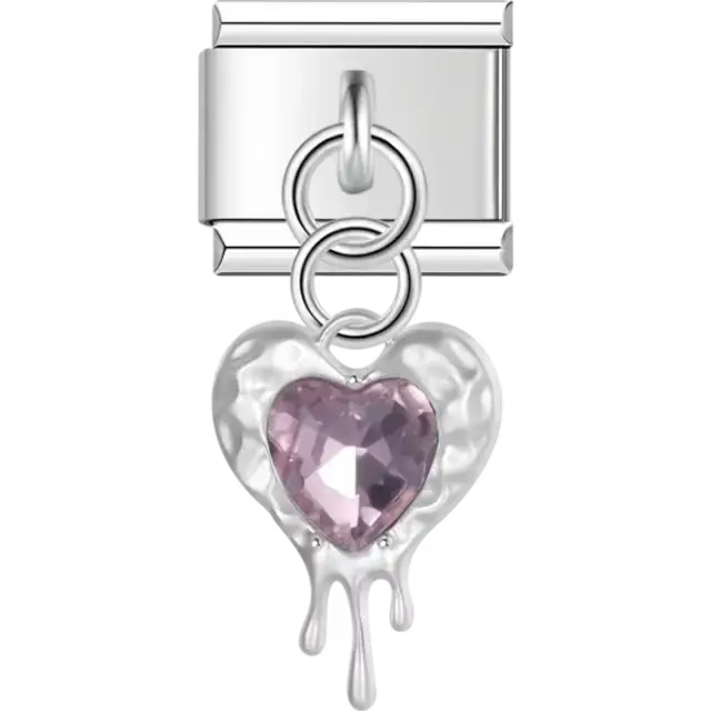 Dangle dripping heart with a pink heart-shaped center Italian charm bracelet link