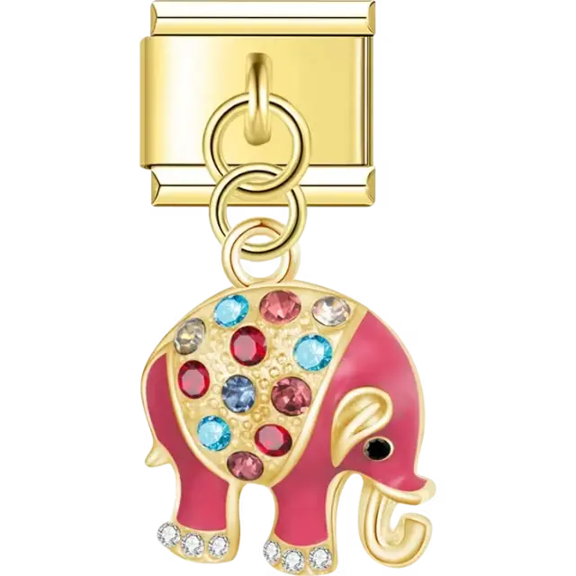 Gold and pink elephant dangle adorned with colorful gemstones and crystal-accented feet Italian charm bracelet link