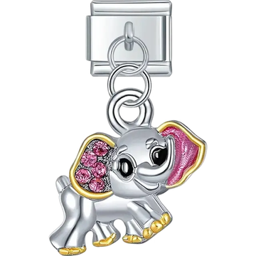 Pink elephant with crystal ears dangle Italian charm bracelet link