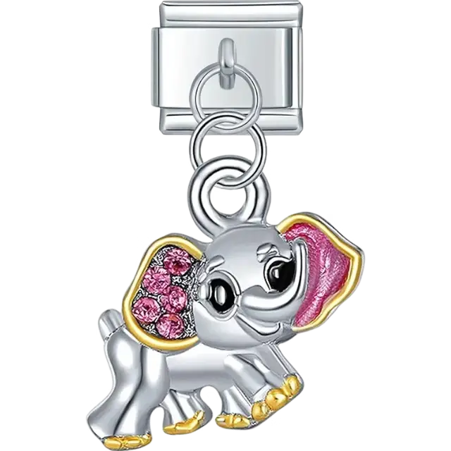 Pink elephant with crystal ears dangle Italian charm bracelet link