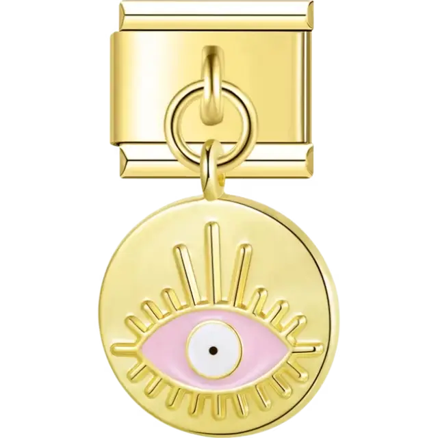 Round dangle charm with a pink evil eye design and radiating line details Italian charm bracelet link