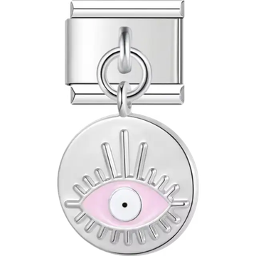 Round dangle charm with a pink evil eye design and radiating line details Italian charm bracelet link