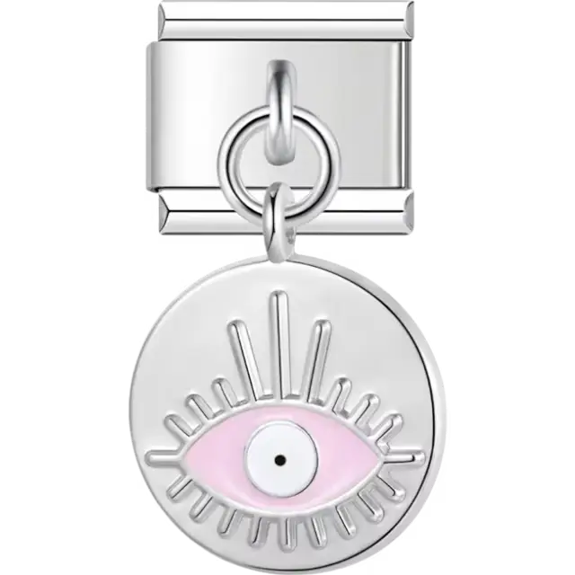 Round dangle charm with a pink evil eye design and radiating line details Italian charm bracelet link