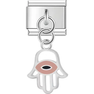 White hamsa hand pink evil eye dangle Italian charm bracelet link