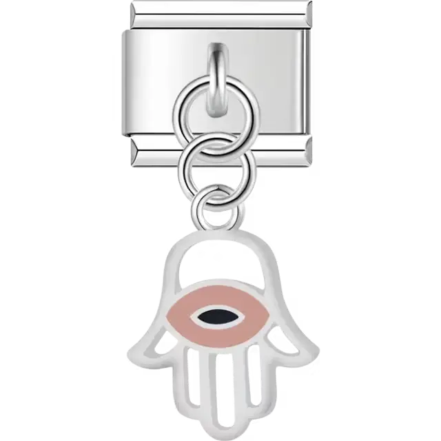White hamsa hand pink evil eye dangle Italian charm bracelet link
