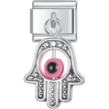 Dangling hamsa hand design with detailed patterns and a pink evil eye Italian charm bracelet link