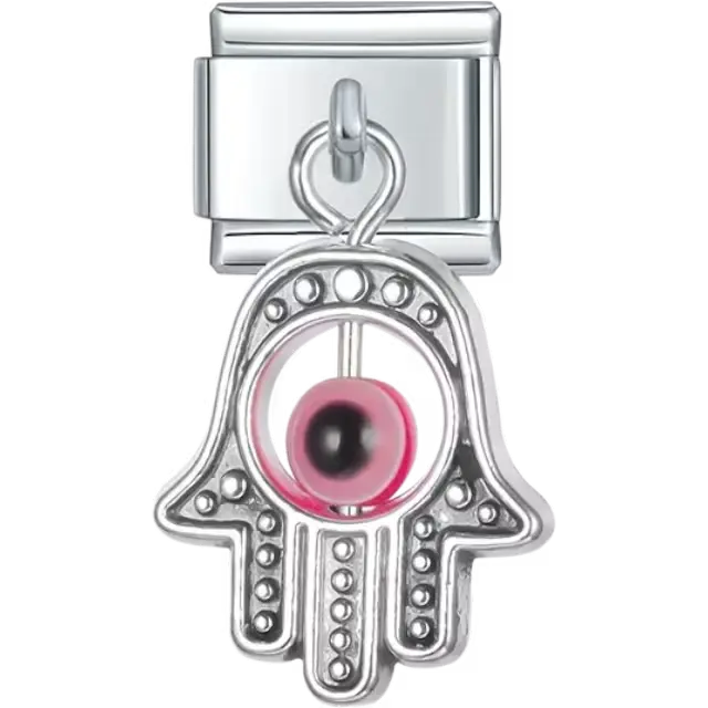 Dangling hamsa hand design with detailed patterns and a pink evil eye Italian charm bracelet link