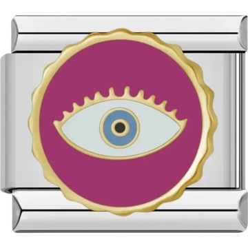 Round pink charm with white eye and gold accents Italian charm bracelet link