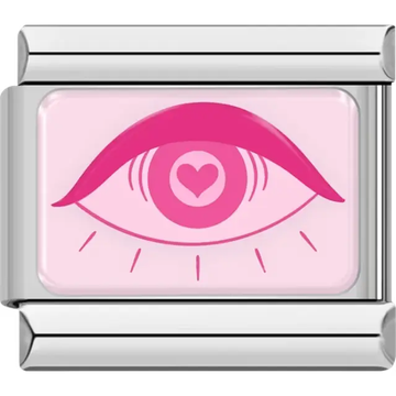 Pink eye design with a heart-shaped pupil on a light pink background Italian charm bracelet link