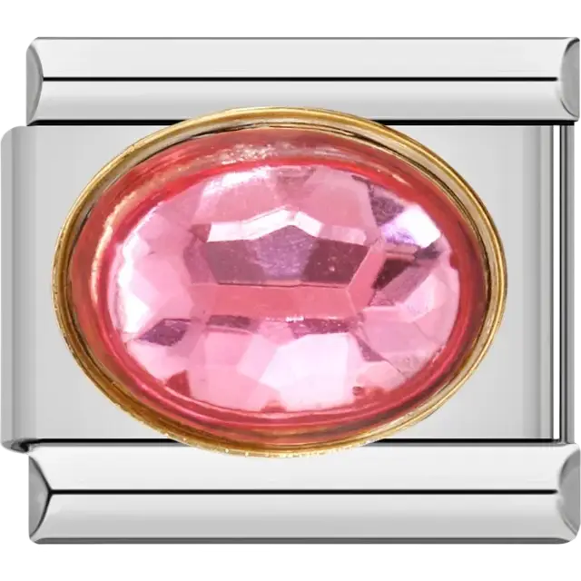 Pink faceted oval stone with gold border Italian charm bracelet link
