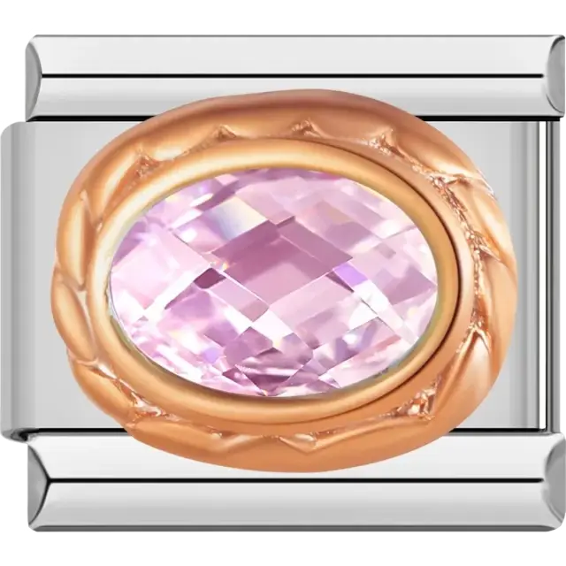 Pink faceted oval stone with rose gold border Italian charm bracelet link
