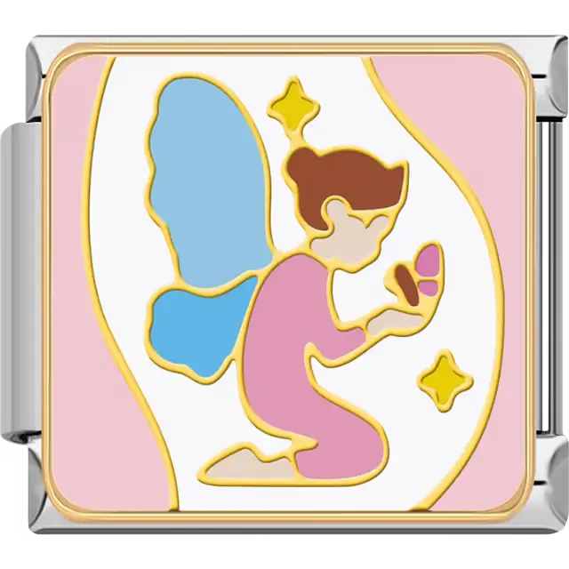Pink fairy with blue wings holding butterfly yellow stars pink background Italian charm bracelet link