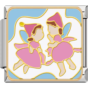 Two pink fairies holding hands blue sky gold outline Italian charm bracelet link
