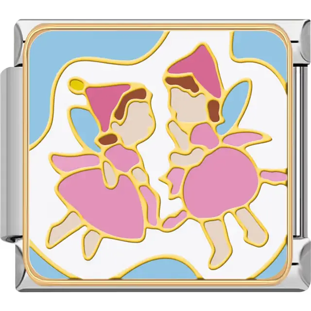 Two pink fairies holding hands blue sky gold outline Italian charm bracelet link