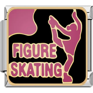 Pink figure skater silhouette with "FIGURE SKATING" text on black background Italian charm bracelet link