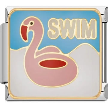 Pink flamingo float with gold accents and "SWIM" text on a blue background Italian charm bracelet link