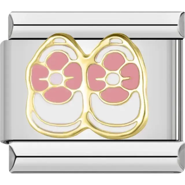 Pink flower baby shoes with white and gold details Italian charm bracelet link