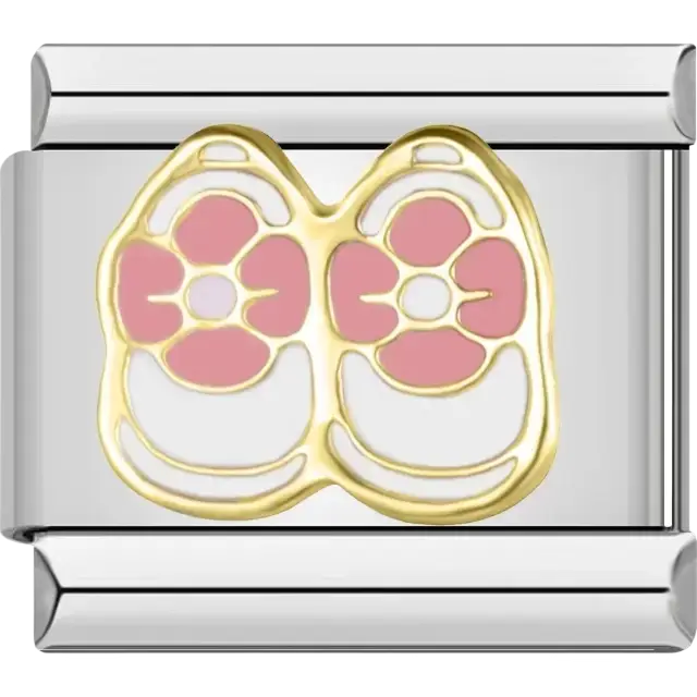 Pink flower baby shoes with white and gold details Italian charm bracelet link