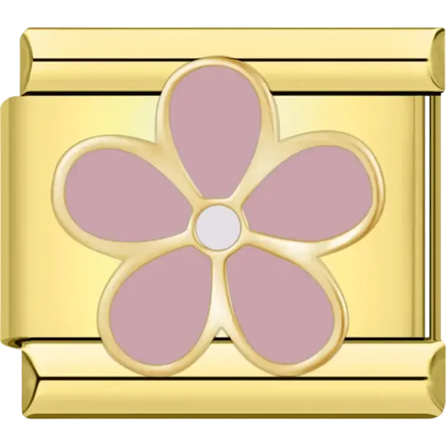 Five-petal flower design in soft pink with a silver outline Italian charm bracelet link