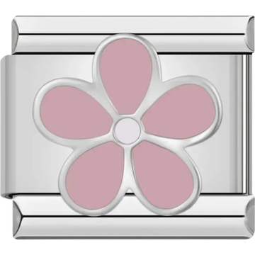 Five-petal flower design in soft pink with a silver outline Italian charm bracelet link