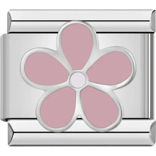 Five-petal flower design in soft pink with a silver outline Italian charm bracelet link