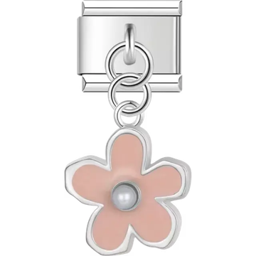 Pink flower dangle charm with a pearl-like center and silver-tone details Italian charm bracelet link