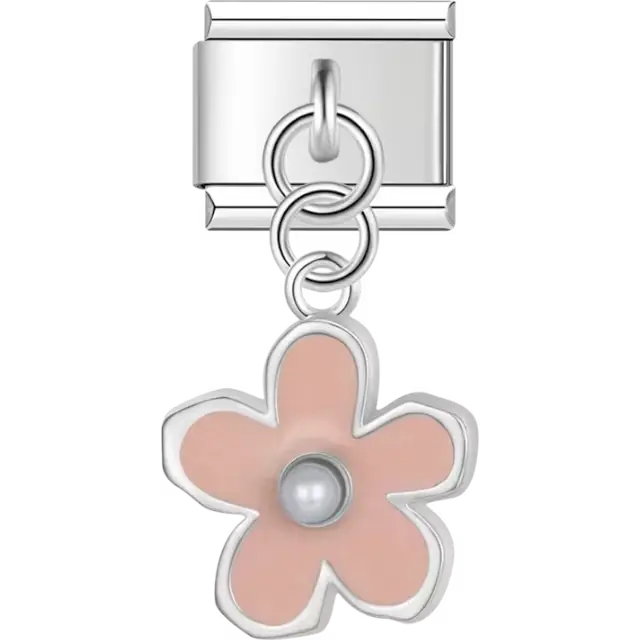 Pink flower dangle charm with a pearl-like center and silver-tone details Italian charm bracelet link