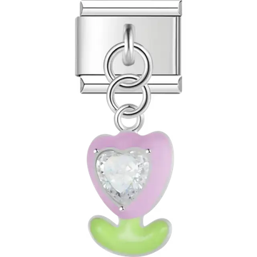 Pink flower with light green stem and a clear heart-shaped gemstone Italian charm bracelet link