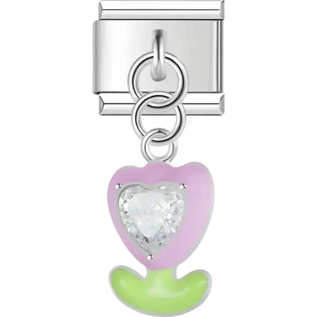 Pink flower with light green stem and a clear heart-shaped gemstone Italian charm bracelet link